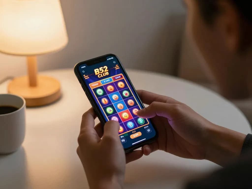 B52 Club players engaging with the casino app on their smartphone, showcasing exciting gameplay at home