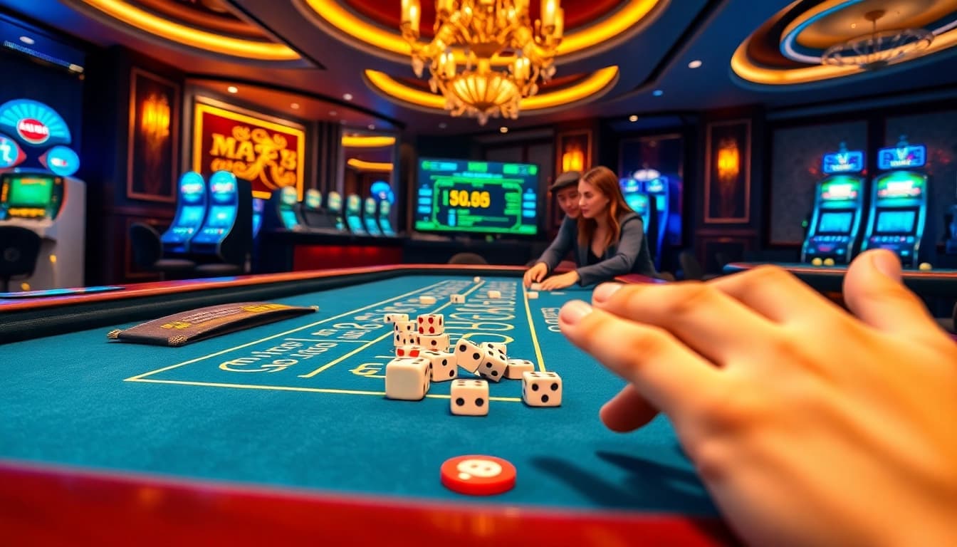 Tài xỉu MD5 game in a luxurious casino setting, showcasing high-stakes betting excitement and professional players.