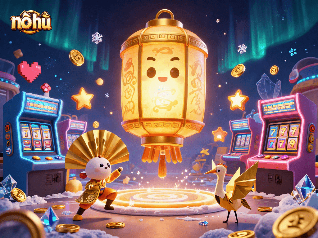 Engage with nỗ hũ as a 3D golden lantern spirit illuminates vibrant casino action.