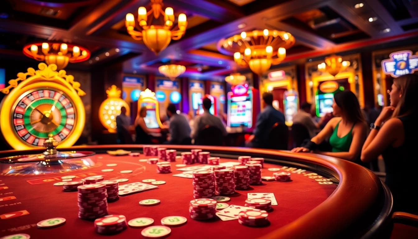 The online gambling experience at https://789p.directory/ with vibrant poker game and roulette wheel, capturing luxury and excitement.