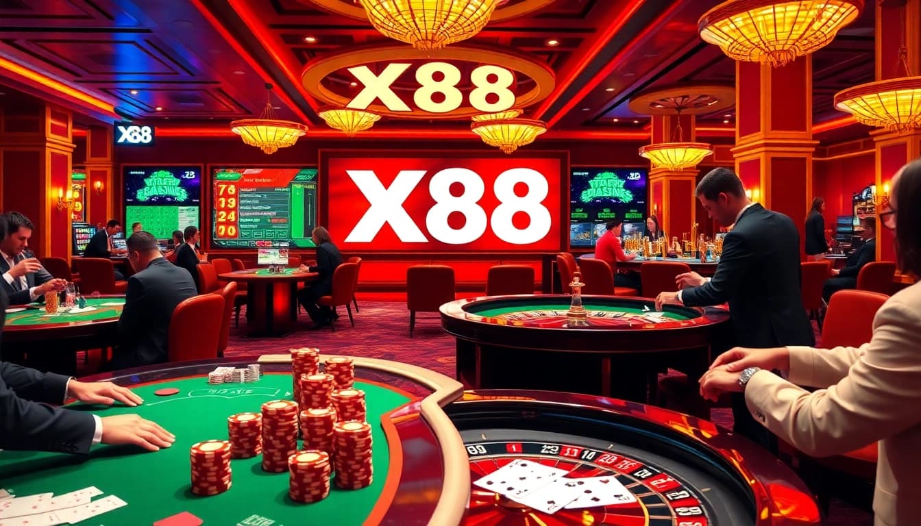 Experience X88 gaming with vibrant casino tables and players enjoying poker and roulette.