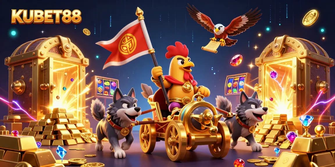 KUBET88 showcases a thrilling 3D scene of a rooster warlord in a golden chariot, surrounded by slot reels and treasures.