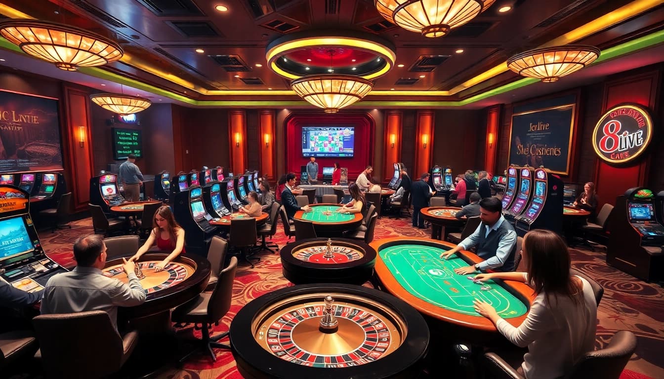 Experience thrilling gameplay at https://8live3.com/ with luxurious casino elements and excited gamblers.