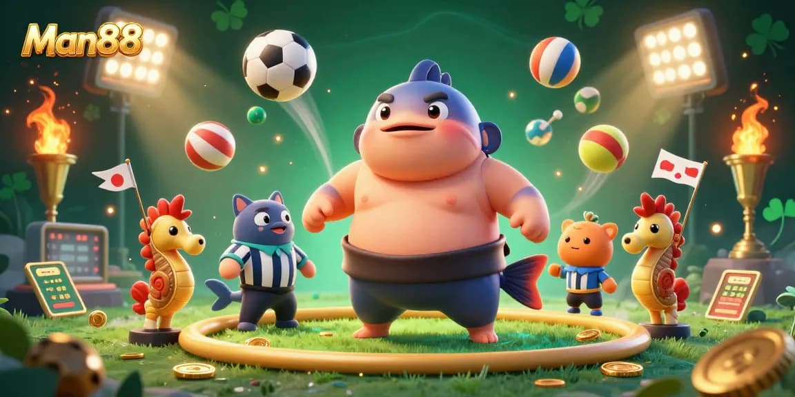 Man88 engages bettors in a lively underwater sports scene with vibrant characters and thrilling elements.