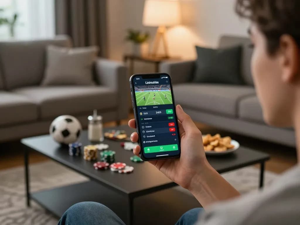 Live sports betting on a smartphone showcasing lc88an features in a cozy home setting.
