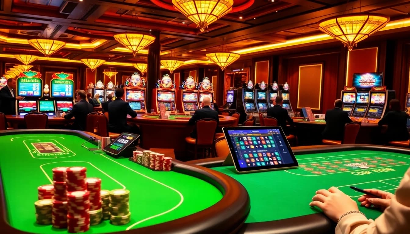 Experience the thrill of link CM88 with vibrant casino tables and slot machines in a luxurious setting.