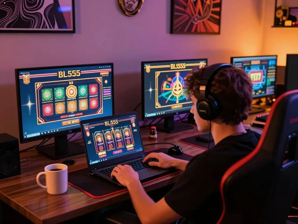 Playing exciting bl5555 online casino games on a laptop with a cozy atmosphere.