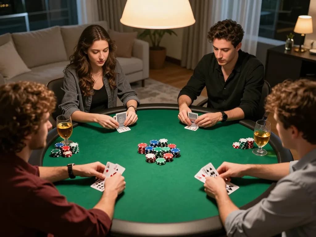 Friends enjoying a poker night with iwin68, vibrant chips, and warm lighting.