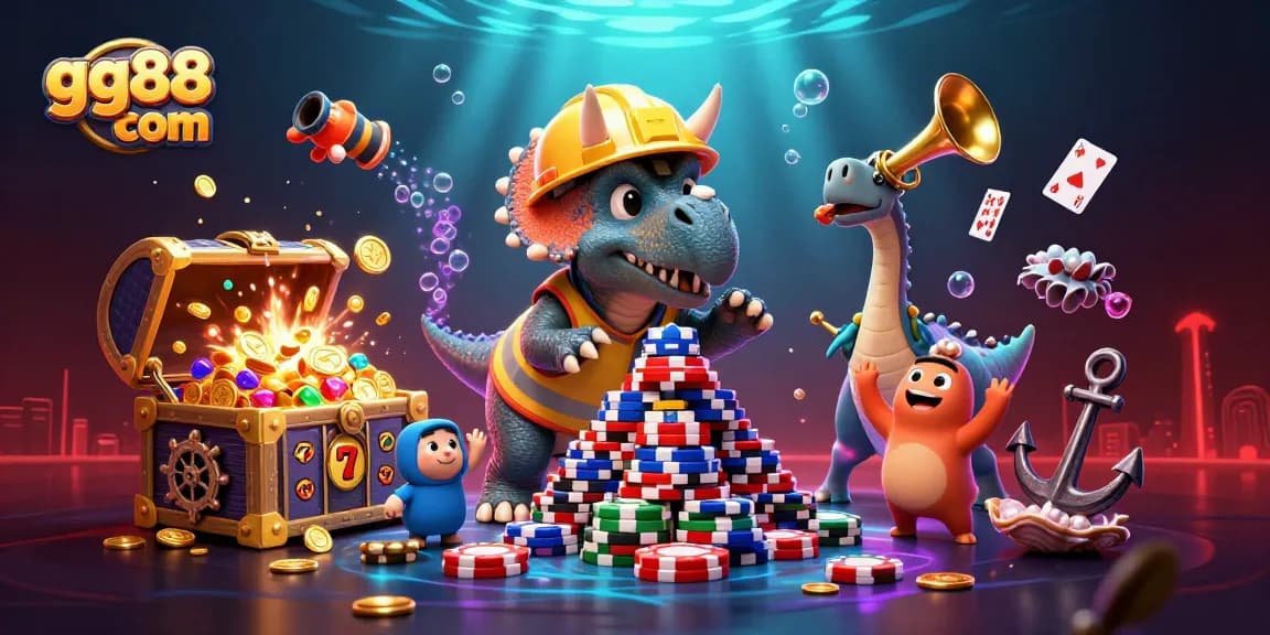 Win big with gg88 com in this vibrant, energetic 3D casino scene featuring colorful slot reels and poker chips.