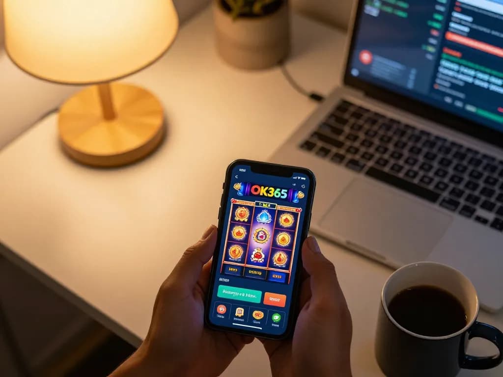 Engaged user enjoying a gaming session on the OK365 app, showcasing dynamic slot graphics and strategic elements.