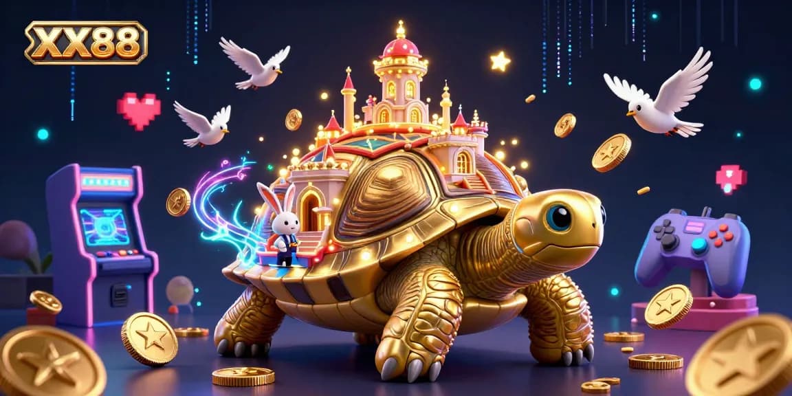 Play exciting casino games with XX88 in this colorful 3D illustration featuring a golden tortoise and a rabbit dealer.