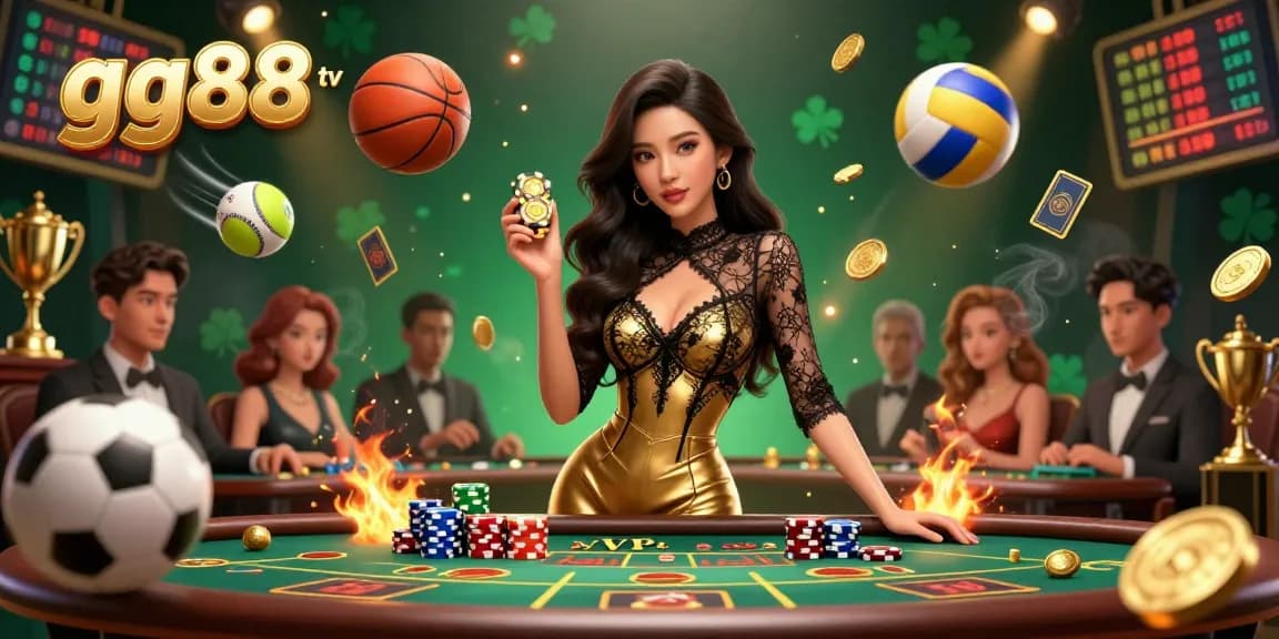 Experience thrilling gambling excitement with gg88 tv featuring a glamorous Asian woman at a VIP table surrounded by dynamic game elements.