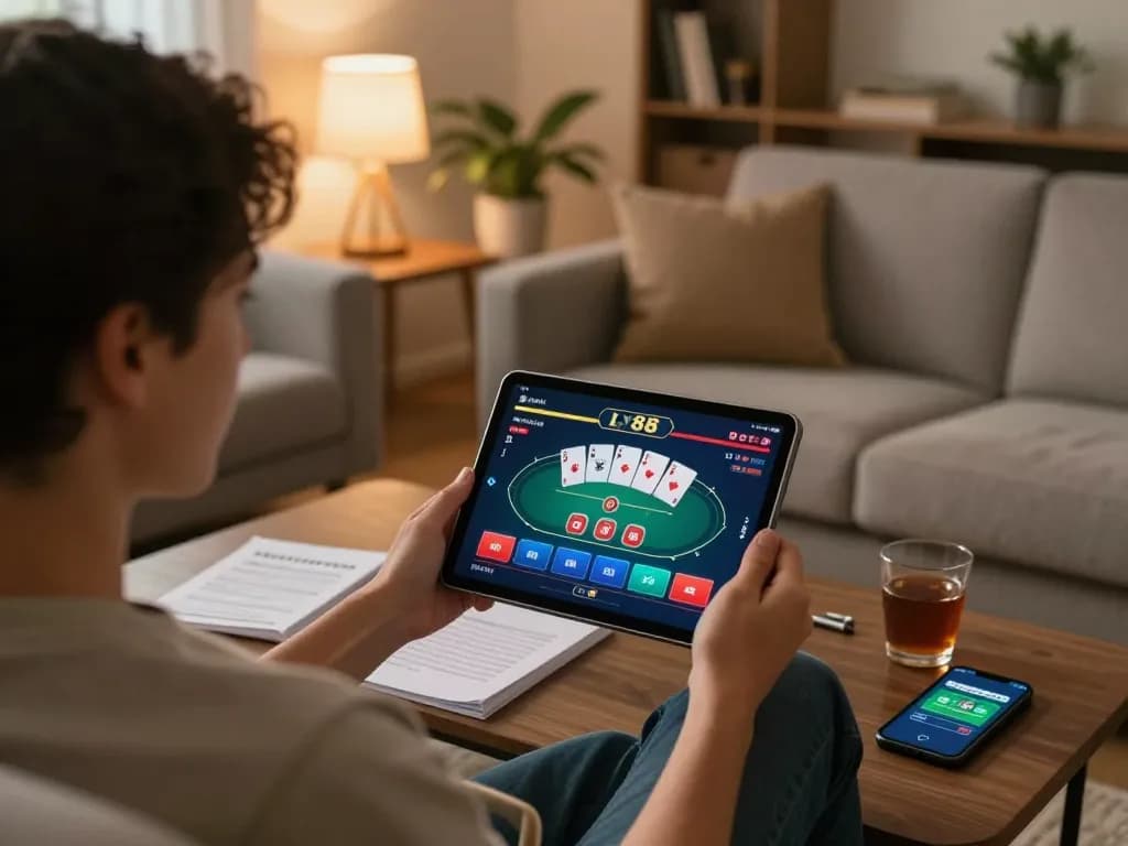 Player accessing the LV88 online casino from home, enjoying a poker game on a tablet with strategy notes.