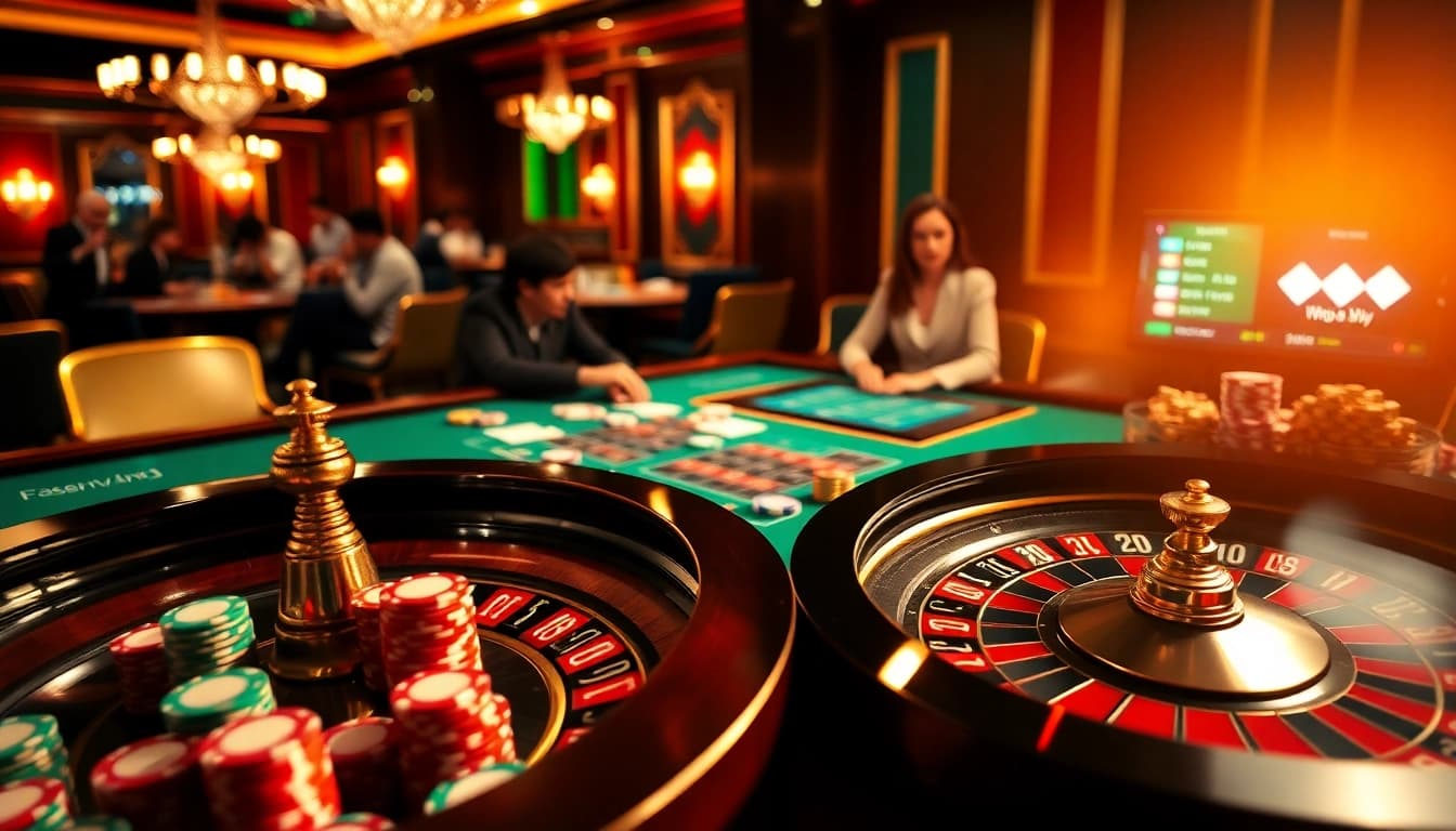 Exciting online casino scene at Nhà cái 8DAY with tables, chips, and vibrant betting mood.