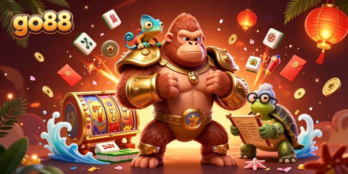 Engage with go88’s vibrant casino world, featuring a gorilla king in golden armor and lucky gaming elements.