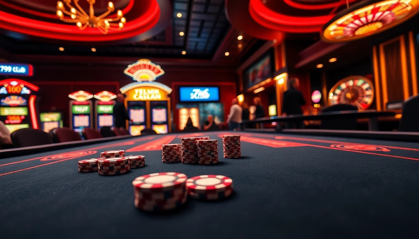 Exciting gameplay at 789club casino with luxurious tables and vibrant slot machines.