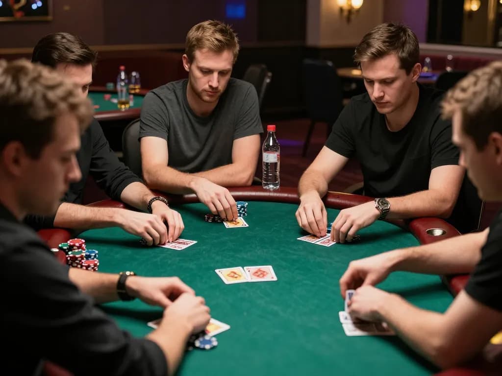 Kuwin poker players strategizing their bets during an intense game night, showcasing focus and excitement