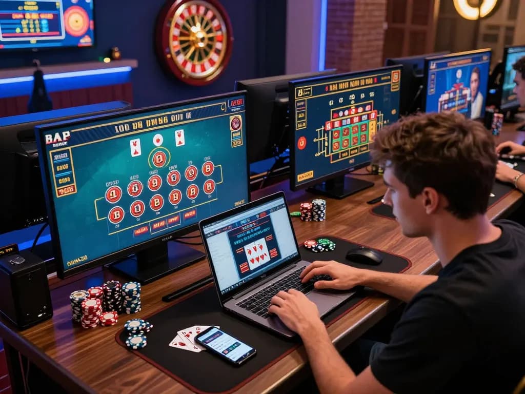 Engaged player strategizing their next move in a dynamic online casino session at 23winn, showcasing various games and modern setup.
