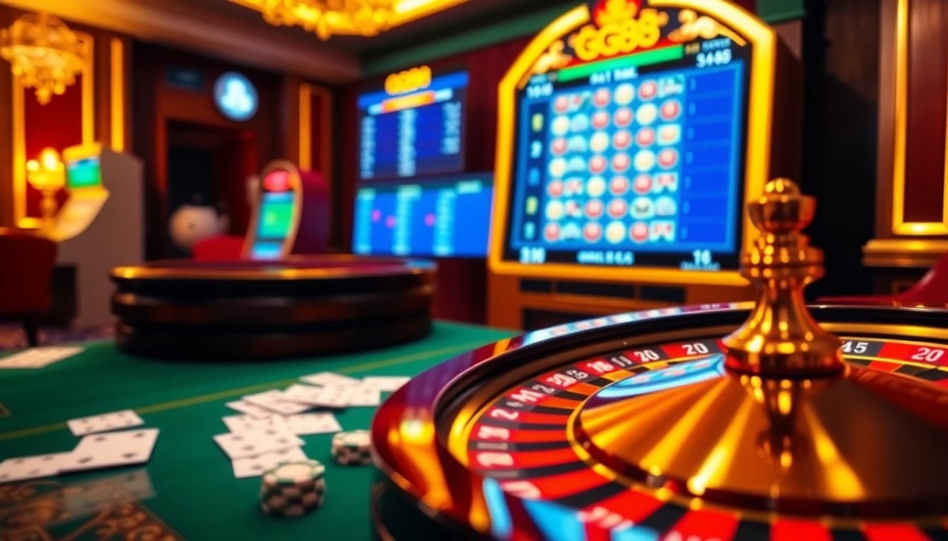 Players engaging in thrilling games at the GG88 casino, showcasing chips and vibrant tables.