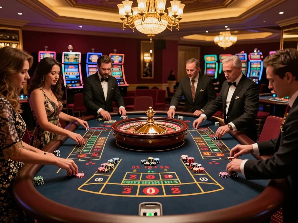 Players engaging at an F168 roulette table surrounded by vibrant chips and lights.