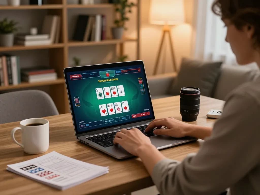 Engaged player using hytw3339 laptop for a live poker game at home, showcasing the excitement of online casino gaming.
