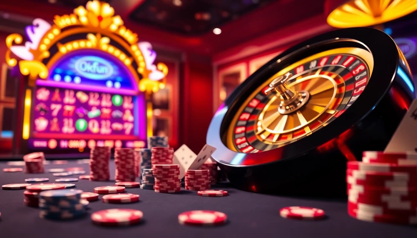 Experience the thrill of Okfun with a vibrant casino scene featuring dynamic poker tables and illuminated slot machines.