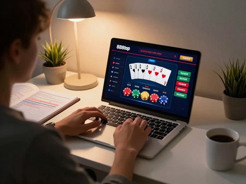Engaging online gaming session at 888top with poker cards on display and strategic notes.