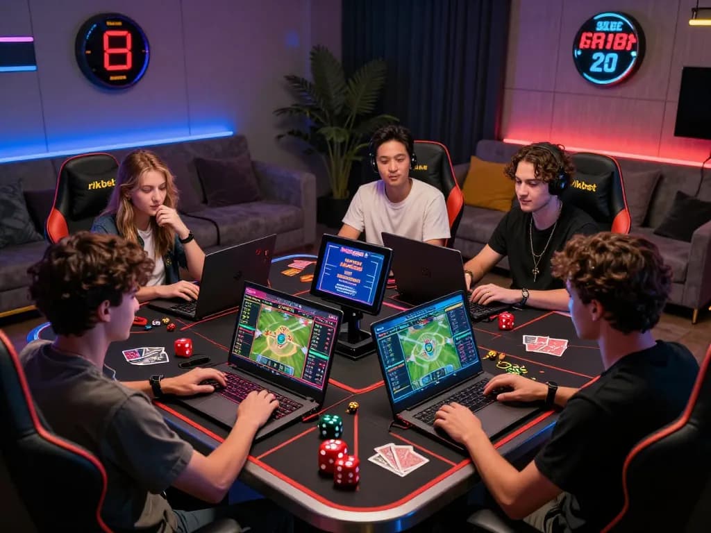 Exciting online gambling scene with friends engaging in rikbet activities at a modern gaming setup surrounded by vibrant screens and gaming props.