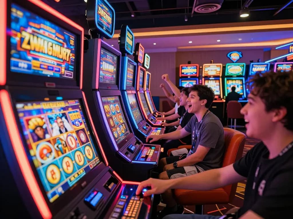 Jun88 players celebrating wins at colorful slot machines in an exciting casino atmosphere.