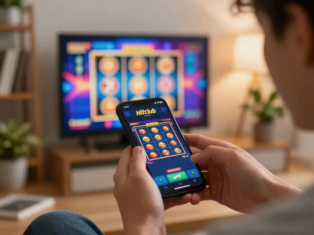 Hitclub app displayed on smartphone with a player engaging in online slots in a cozy home setting