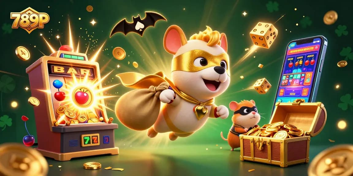 Experience thrilling gaming at 789P with our energetic superhero duo amidst dazzling casino elements.