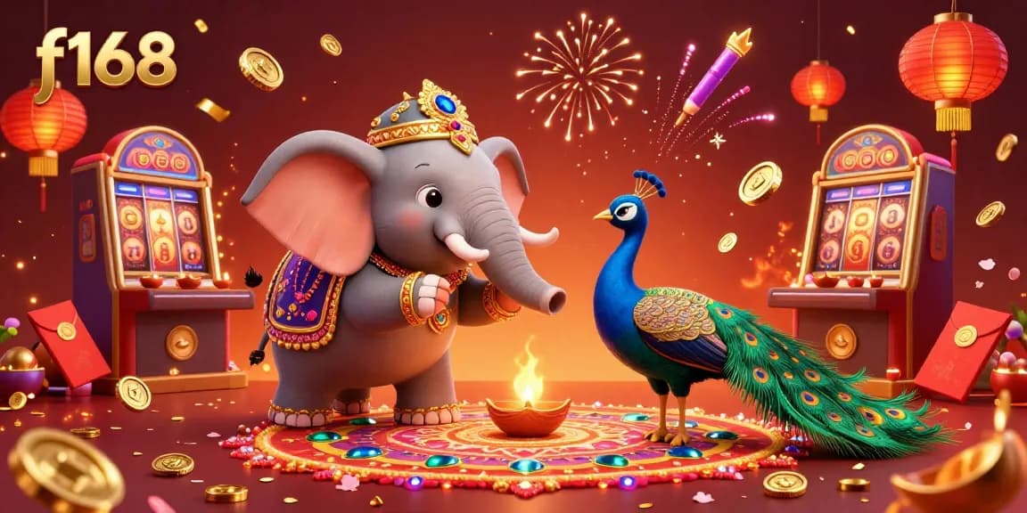 Experience thrilling casino action at f168 with a vibrant elephant, peacock, and dynamic gaming elements.