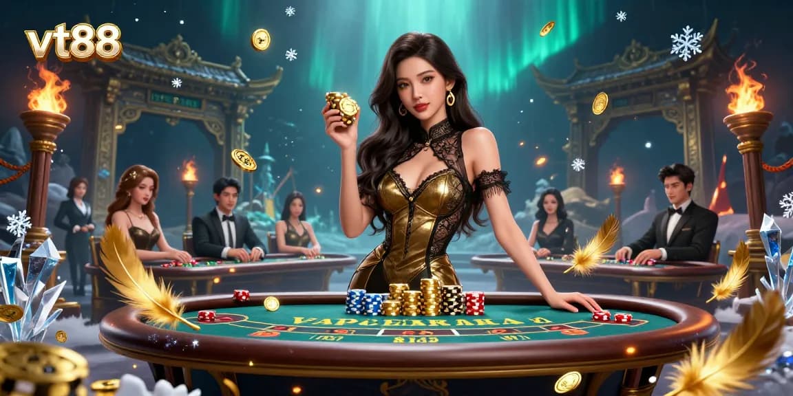 Experience high-stakes gaming with vt88 at a luxurious baccarat table surrounded by exclusive elements.