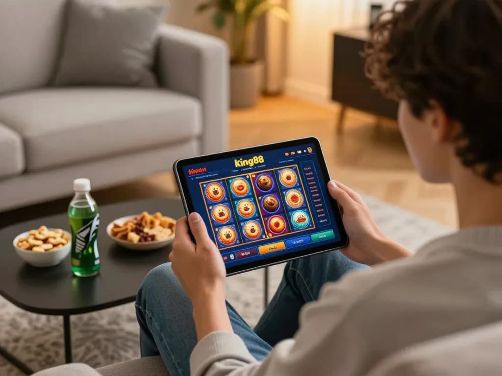 Player enjoys online gaming at king88, engaging with colorful slots on a tablet in a cozy home.