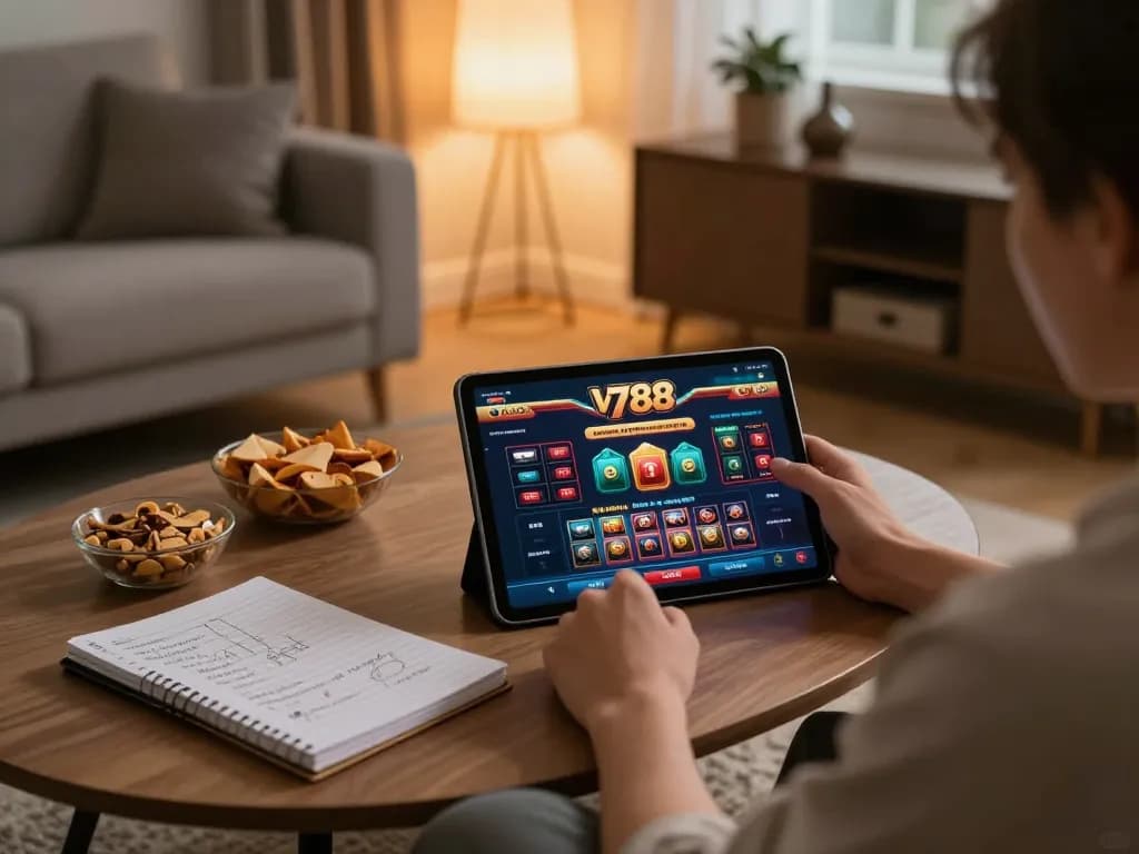 Engaging in online casino action with the v788 app on a tablet, surrounded by strategic notes in a cozy setting.