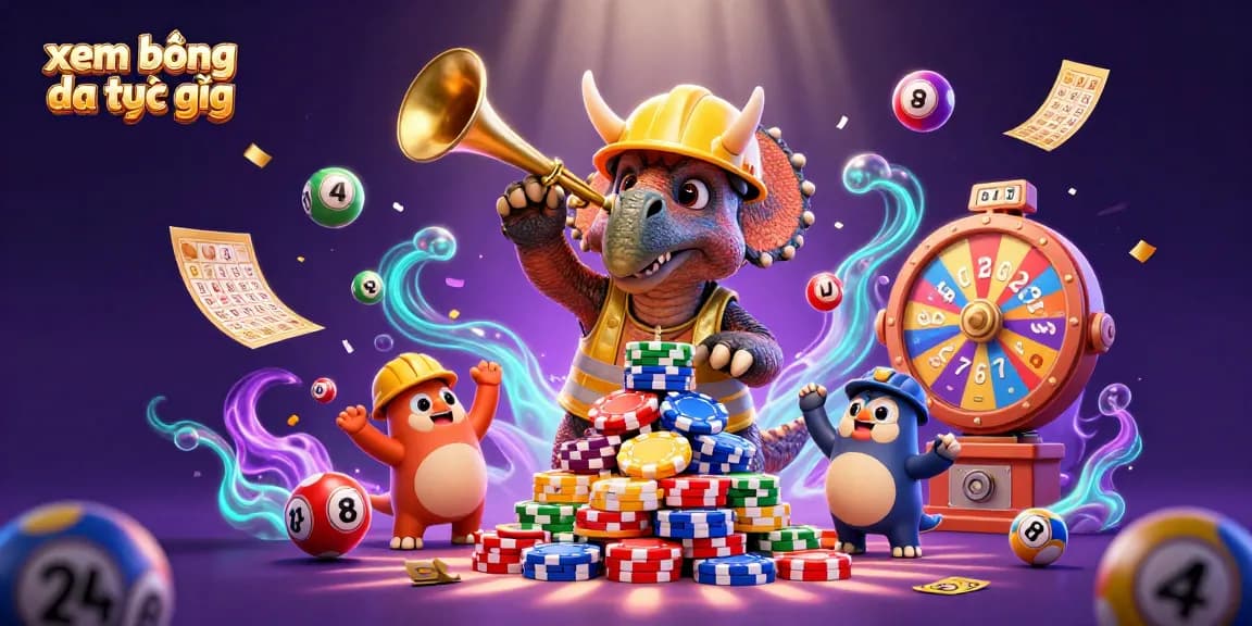 Experience xem bóng đá trực tiếp with a vibrant 3D illustration showcasing dynamic characters amidst casino elements.