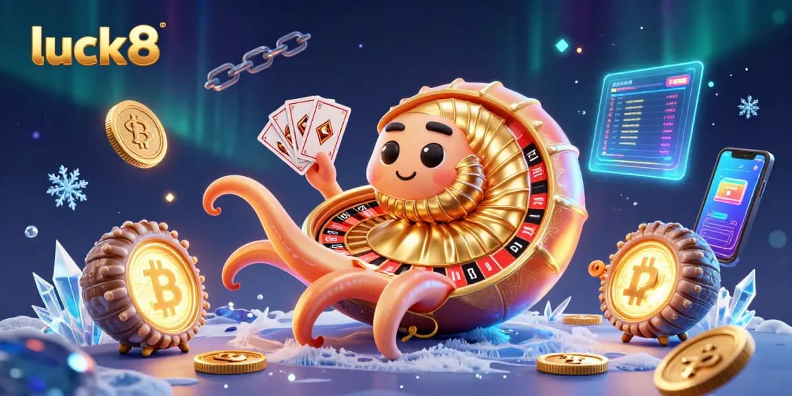 Experience luck8 in a vibrant casino scene with golden shells and crypto coins.
