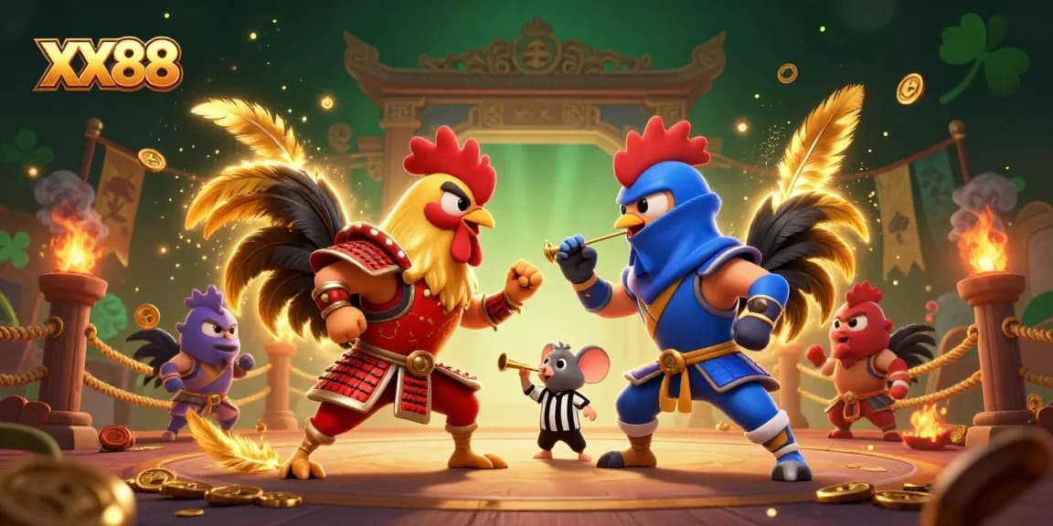 Join the action with XX88 as fighting roosters clash in a thrilling casino arena.