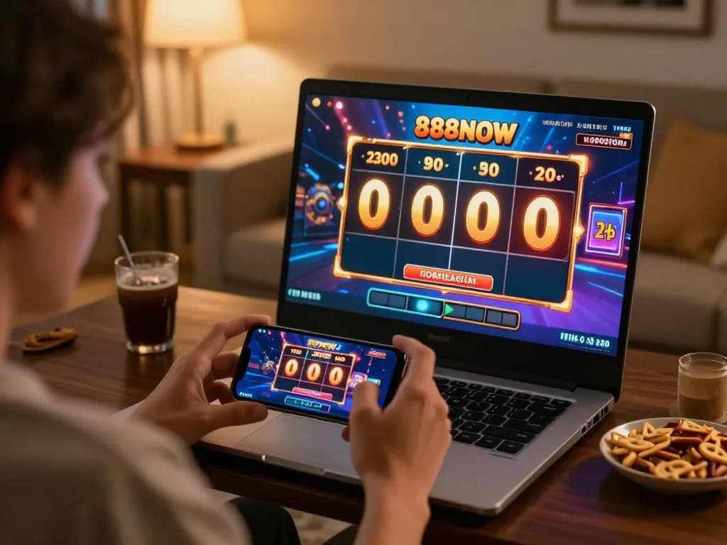 Player enjoying big win on 888NOW slots in a cozy living room setting