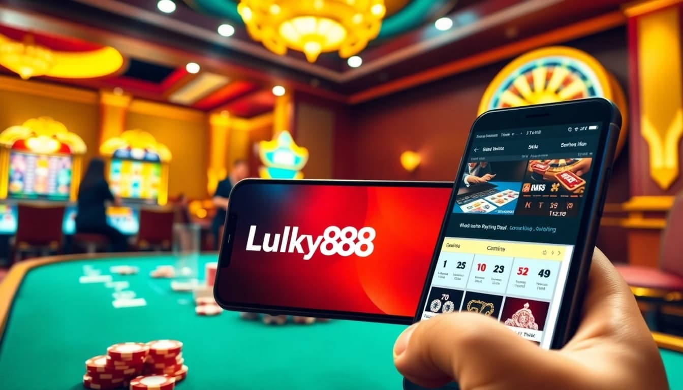 Players enjoying table games and slots at Lucky88's modern casino, highlighting excitement and vibrant betting.