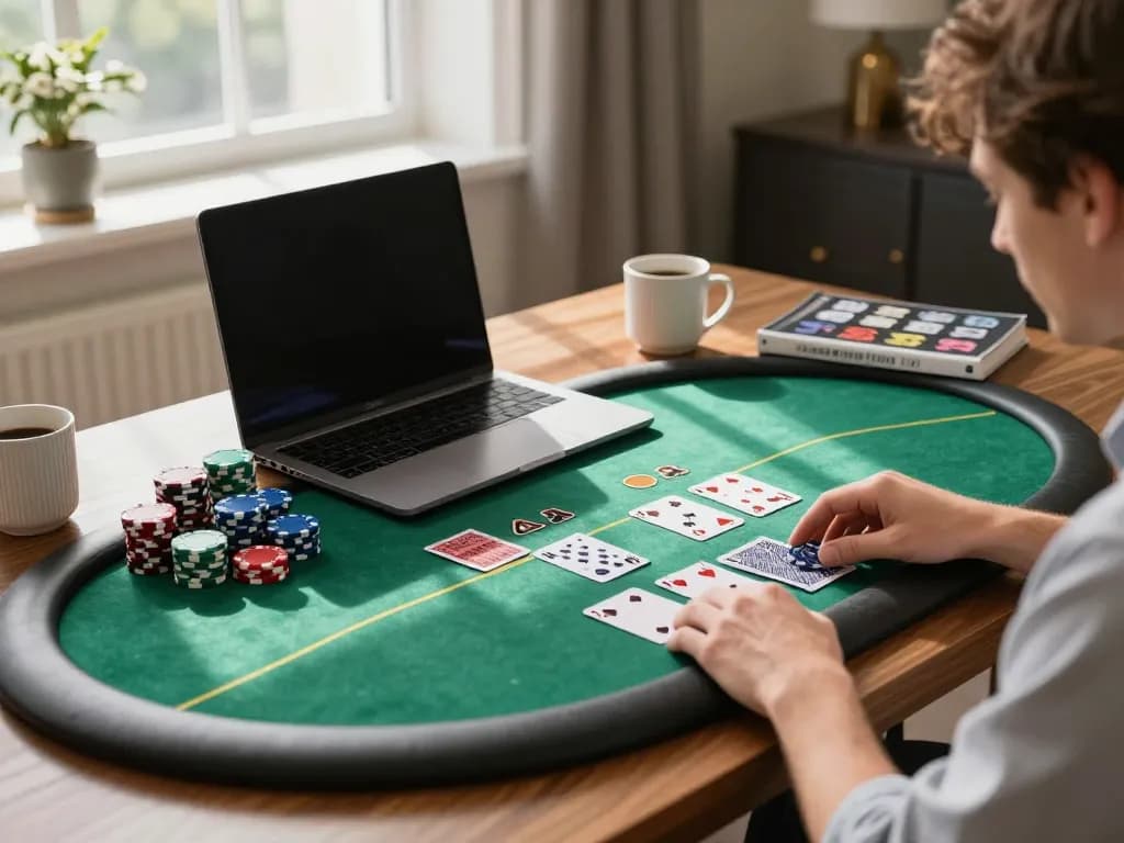 Engaging in strategic poker gameplay on 12PLAY platform at home with poker chips and laptop.
