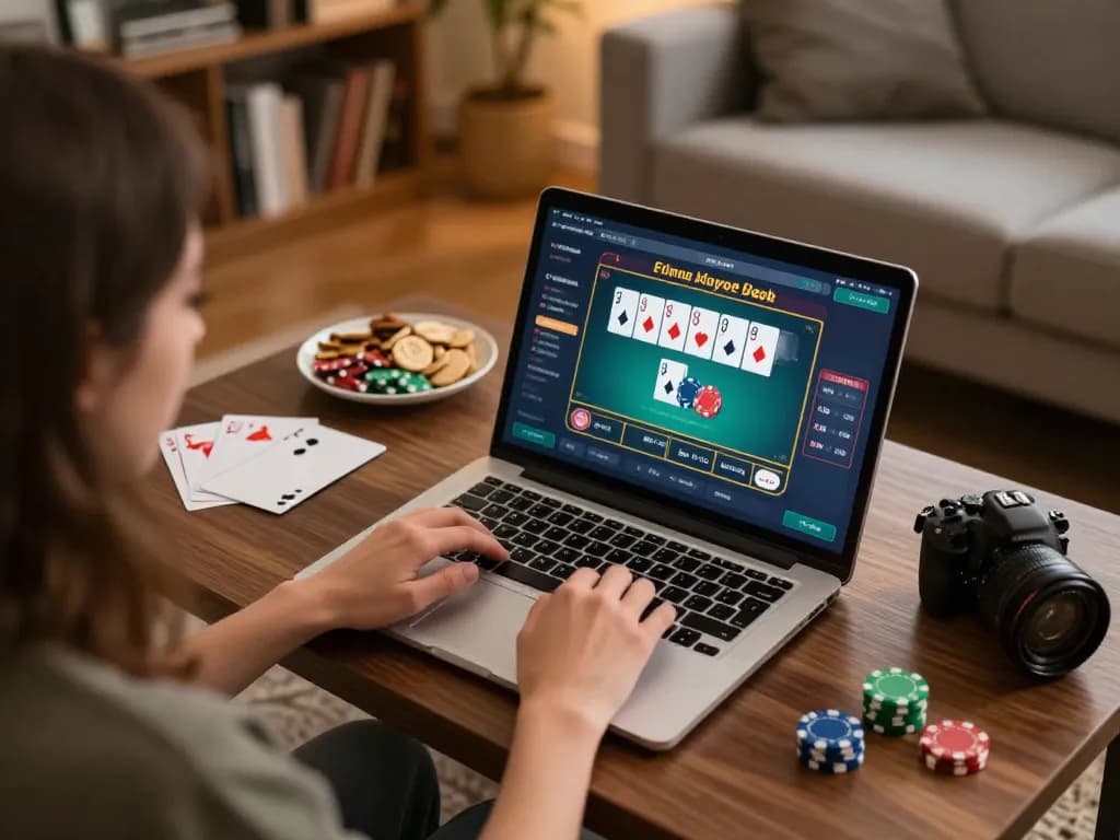 Engaging in online gaming with https://qtr88.com/ on a laptop, showcasing a cozy home environment.