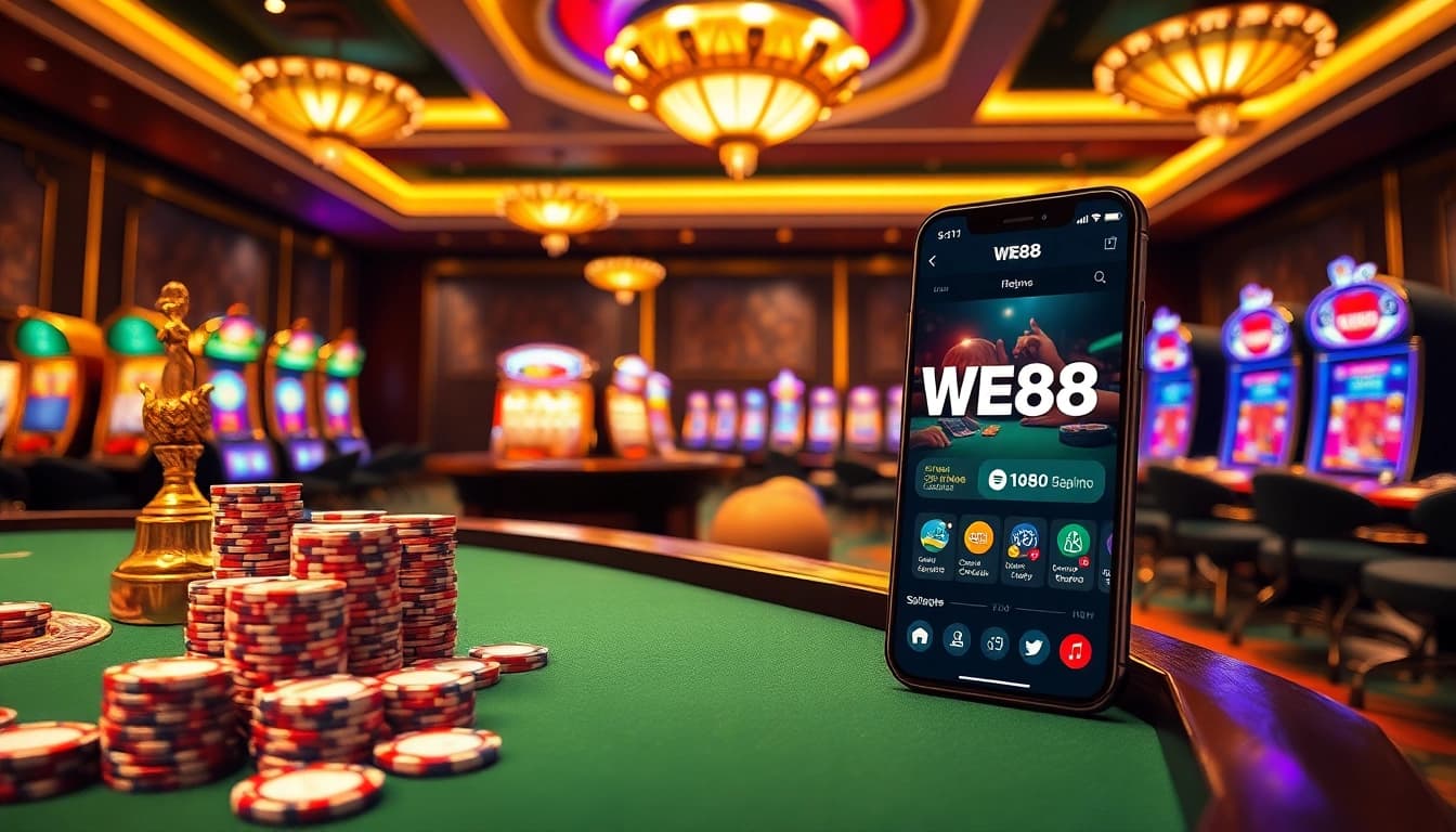 Players engaging in online casino games with WE88 interface showcasing vibrant slot machines and roulette.