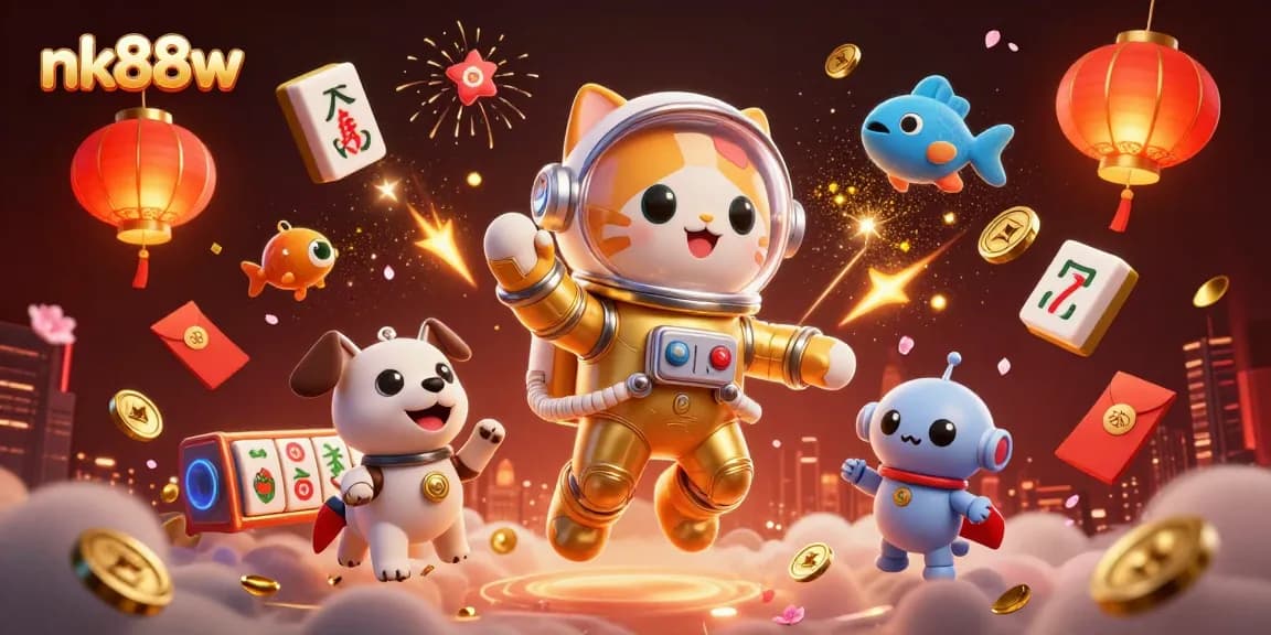 Engage in thrilling gameplay at nk88w with a vibrant 3D illustration of an astronaut cat in a golden space suit, surrounded by dynamic casino elements.