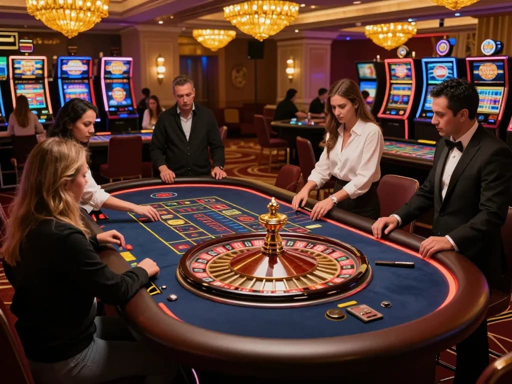 RED88 roulette table action with players excitedly placing bets in a luxurious casino.