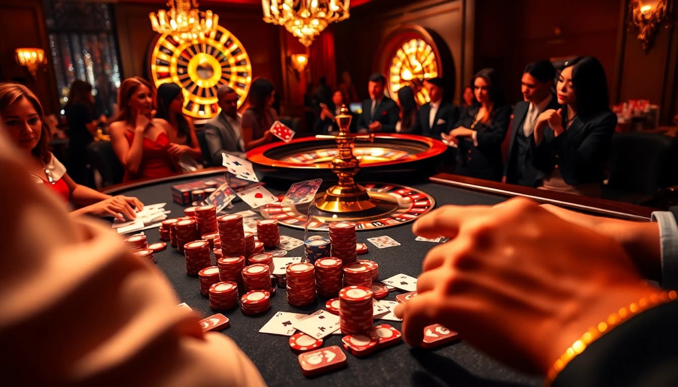 Excited players enjoying gambling action at hm88.con casino gaming table.