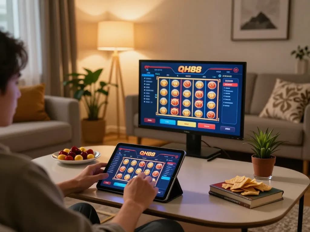 Engaged user playing QH88go slots on tablet in cozy living room setting