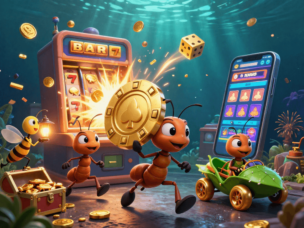 Experience the thrill of ttbd with ants heisting a golden poker chip in a dynamic casino scene.