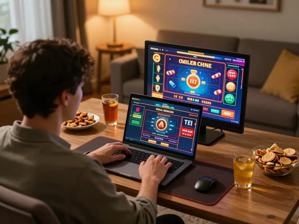Engaging in exciting online casino games at Onbet 88 with a vibrant home setup.