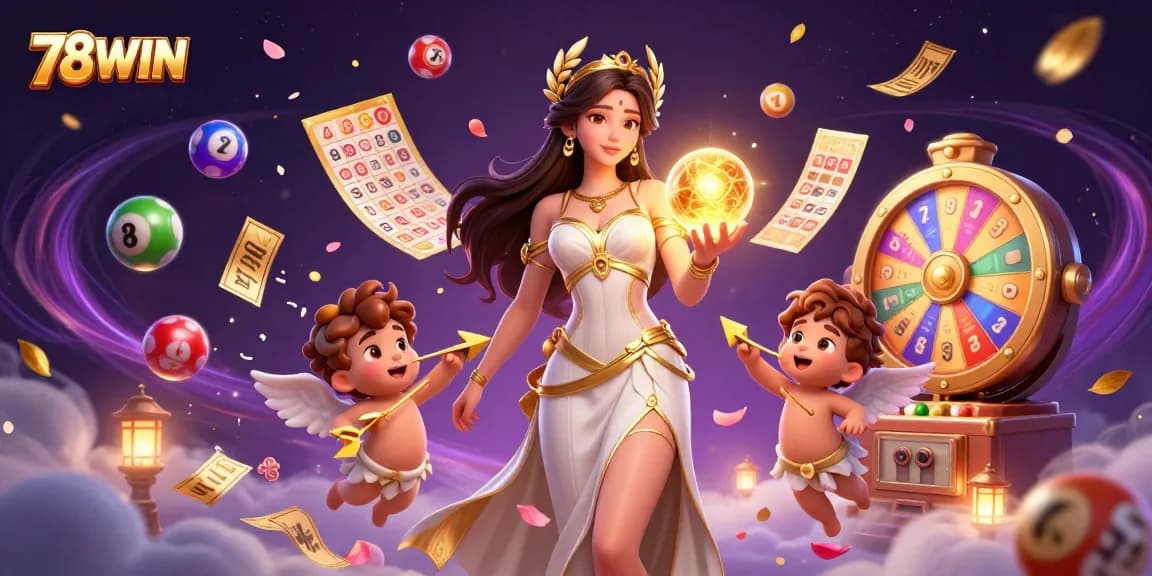 Engage with 78WIN's vibrant lottery scene featuring goddess and cupid cherubs amid colorful game elements.